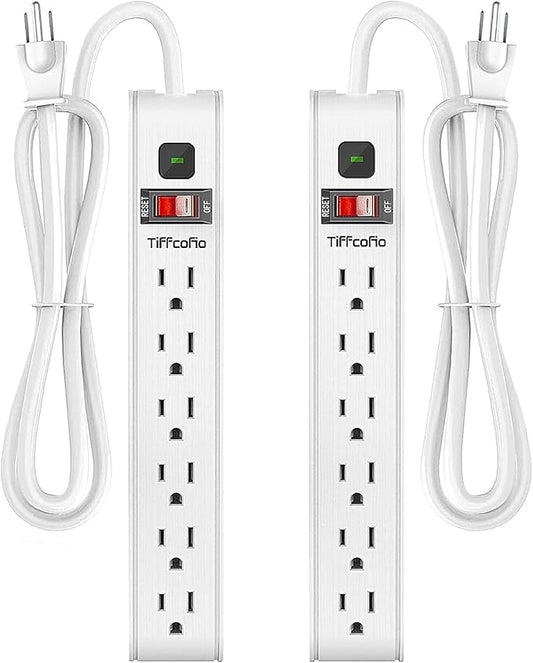 TiFFCOFiO Surge Protector Power Strip, 6 Feet Extension Cord, 600 Joules Surge Protection, Multiple Protection 6 Outlet Strip, 14 AWG Cord, 15A/1875W, ETL Listed, 2 Packs