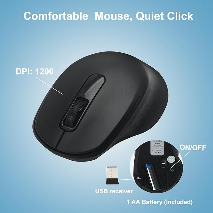 Wireless Keyboard and Mouse Combo, Quiet and Soft 2.4G Full Size Computer Keyboard and Ergonomic Wireless Mouse for Windows, Mac Desktop/Laptop/PC/PS, Black