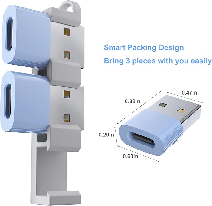 USB to USB C Adapter,3Pack USBC Female to USB A Male with Convenient Carrier, Type C Converter for iPhone 17/16/15/14/13/12, iPad, iWatch, AirPods,Galaxy S25/S24 (Blue)