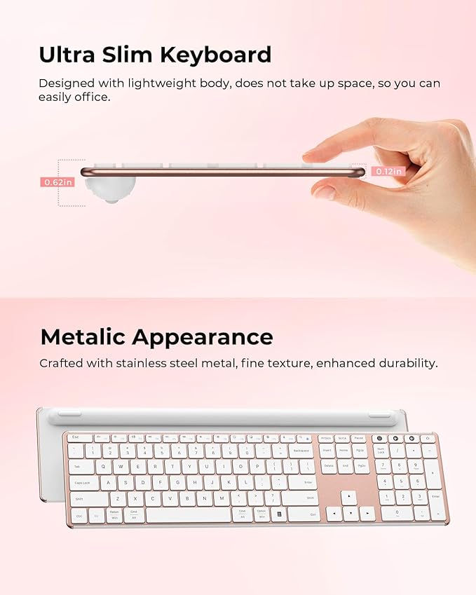 seenda Wireless Bluetooth Keyboard and Mouse Combo, SKM64-3 Rechargeable Slim Quiet Keyboard Mouse, 3 Multi-Device Connection, Compatible for Windows, Mac, MacBook, iPad, Tablet, White Rose Gold