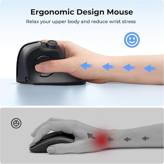 seenda Ergonomic Mouse Wireless, MOU-302 Bluetooth Vertical Mouse Rechargeable, Optical Mice with 1000/1600/2400 DPI, Volume Knob, 3 Multi-Device Connectivity for Computer/PC/Laptop/Mac, Black