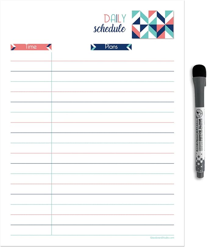 Dry Erase Daily Schedule Planner Sticker Decal by Glassboard Studio | Removable & Reusable | Magnetic Fine-Tip Marker Included (9 x 12 inches, Geometric)