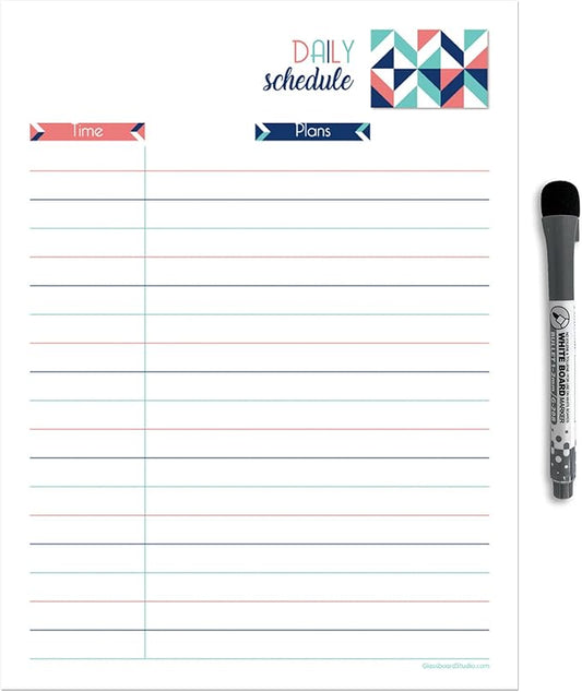 Dry Erase Daily Schedule Planner Sticker Decal by Glassboard Studio | Removable & Reusable | Magnetic Fine-Tip Marker Included (9 x 12 inches, Geometric)