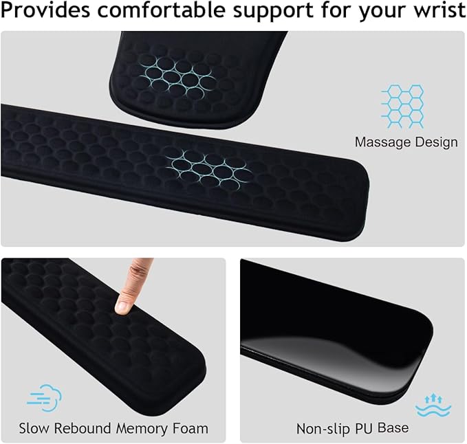 Black Wrist Rest for Keyboard and Mouse - Memory Foam Ergonomic Mouse Pad, Comfortable Arm Rest with Non-Slip Base for 60% 65% 75% Keyboard/Latop/Office/Home