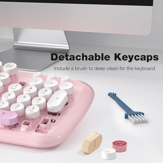 Retro Wireless Keyboard and Mouse Combo, SQMD Full-Size Office Typewriter Keyboard with Round Colorful Keycaps, 2.4G Cute Quiet Mouse for Windows PC, Home, Office, and College - Pink