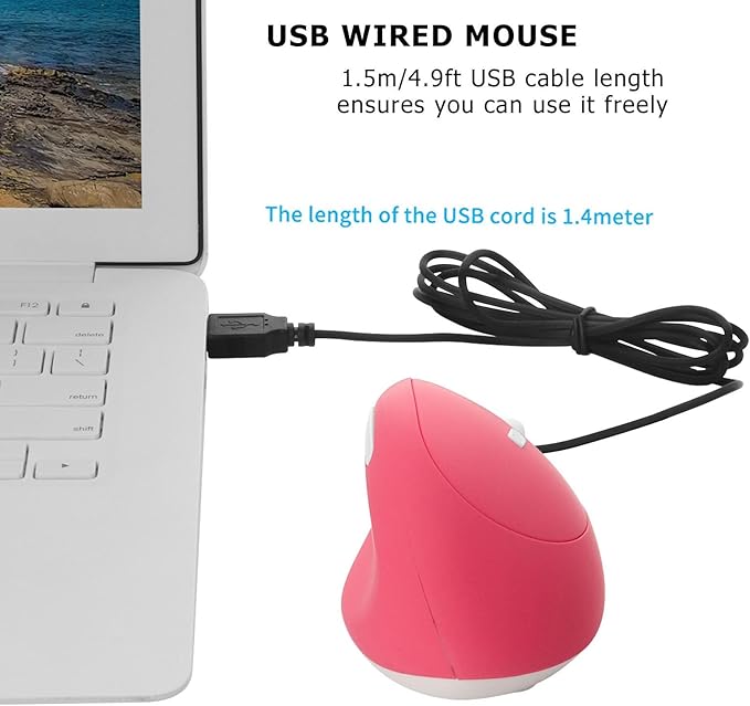Wired Vertical Mouse, Ergonomic Optical USB Cord PC Gaming Mice 800-1200-1600 DPI Portable Silent Mause for Laptop Desktop Office Use (Pink)