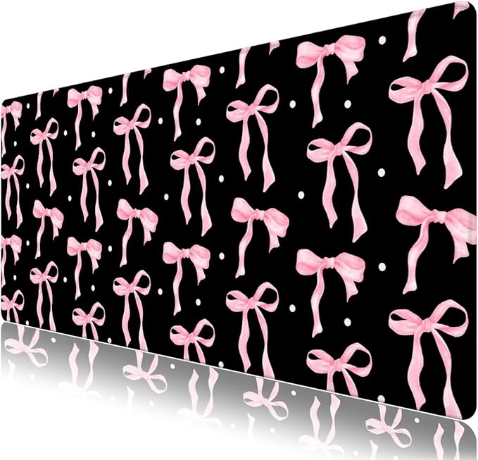 Desk Pad for Keyboard and Mouse, Large Mouse Pad for Desk, Non-Slip Keyboard Mat, Computer Mats for Desk, Cute Desk Pad with Stitched Edges for Office, Gaming I Black Pink Bow