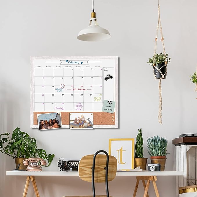 Dry Erase Calendar Whiteboard for Wall, Combination Magnetic Dry Erase White Board & Bulletin Board, 23.6" x 31.5" Wood Framed Calendar/Cork Combo Board (WH-6080)