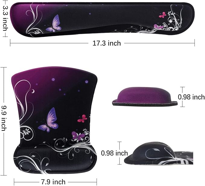 ToLuLu Keyboard Wrist Rest Pad Ergonomic Mouse Pad Set, Mouse Pad for Computer Laptop, Non Slip Mousepad Keyboard Wrist Support with Raised Memory Foam for Easy Typing Pain Relief, Purple Butterfly