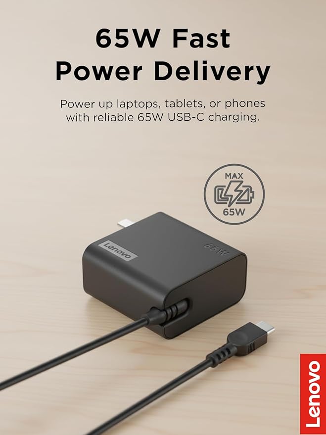 Lenovo USB-C 65W Wall Charger - PD 3.0 - Power Adapter for Laptop, Tablet, Notebook, USB-C Compatible Devices - Slim, Light and Portable with 6.5 Foot Cable - Black