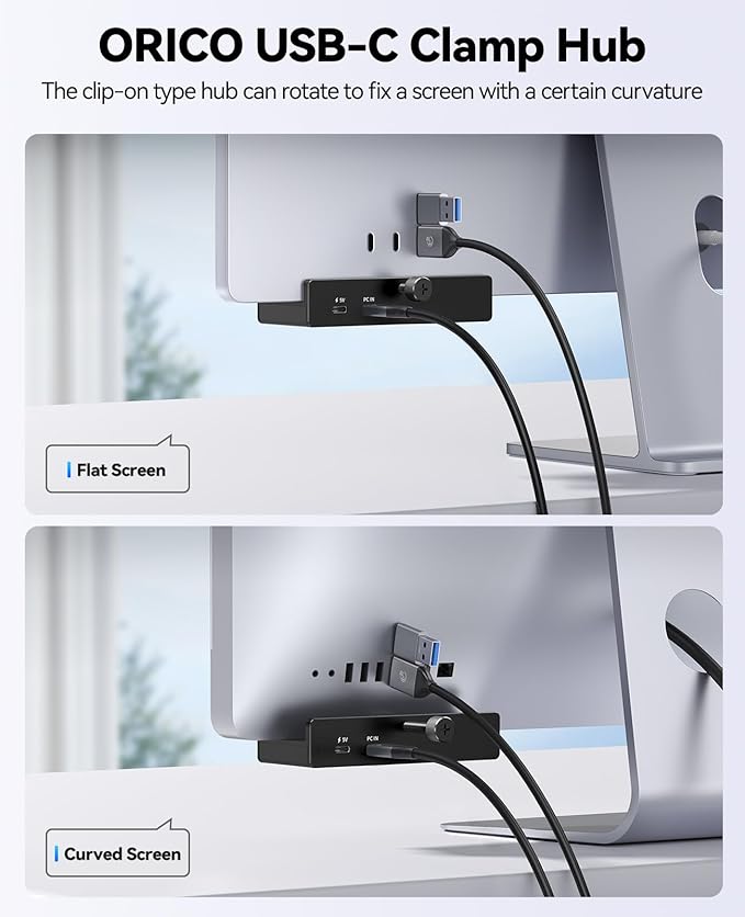 ORICO USB Hub 3.2, Clamp USB-Hub with Extra Power Supply Port, 10Gbps Aluminum 5-Port USB Extender with 2 USB-A 3.2 Ports, USB-C 3.2, SD/TF Card Reader 3.0, USB-3.2 Splitter for Monitor, Desk