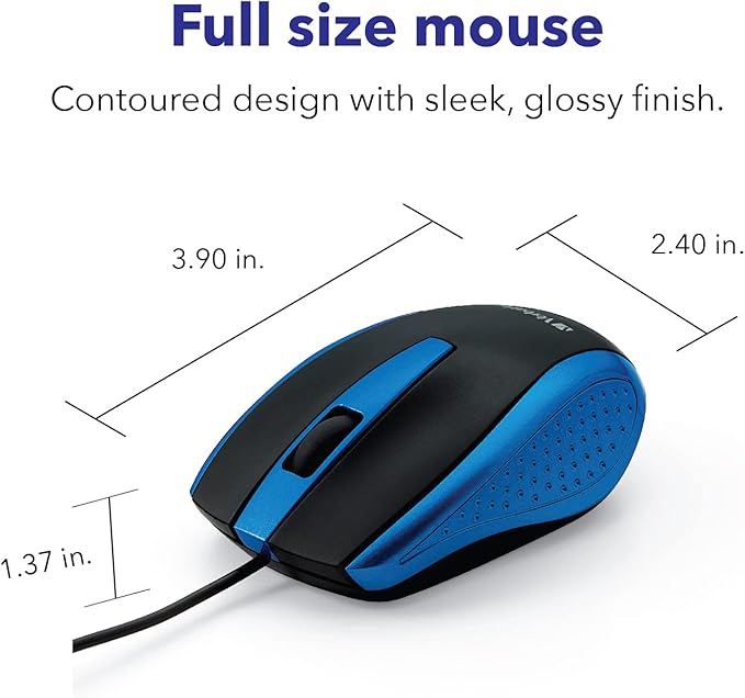 Verbatim Wired USB Computer Mouse - Corded USB Mouse for Laptops and PCs - Right or Left Hand Use, Blue 99743, 1.4" x 2.4" x 3.9"