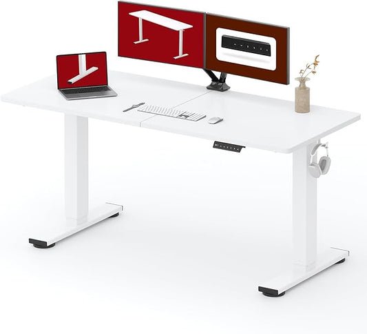 SANODESK Height Adjustable Electric Standing Desk 63x24 Inches, Sit Stand Desk with Splice Board for Home Office, Ergonomic Computer Workstation, Study & Gaming, White Frame/White Top