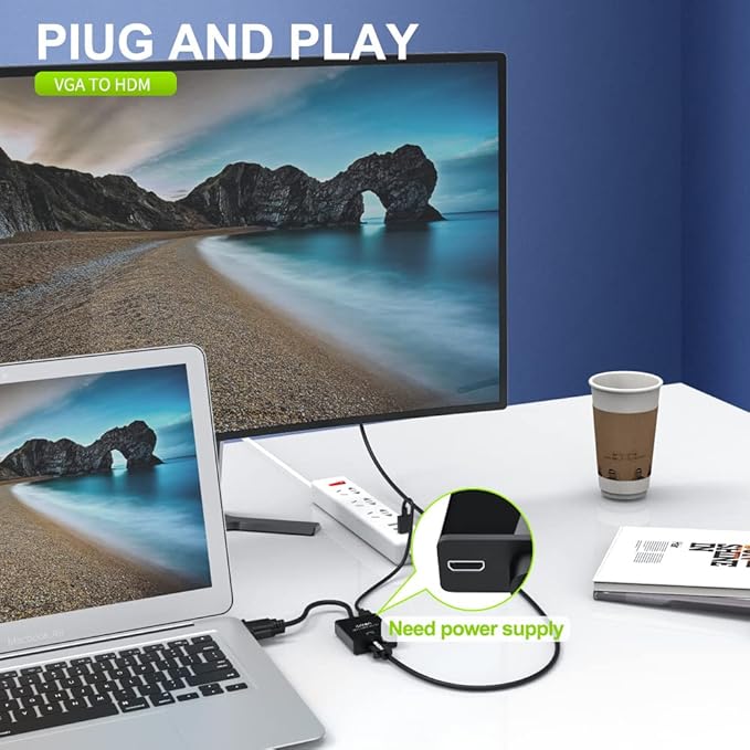 ONTEN VGA to HDMI, 1080P Adapter (Male to Female) for Computer, Desktop, Laptop, PC, Monitor, Projector, HDTV with Audio Cable and USB Cable (1 Pcs)