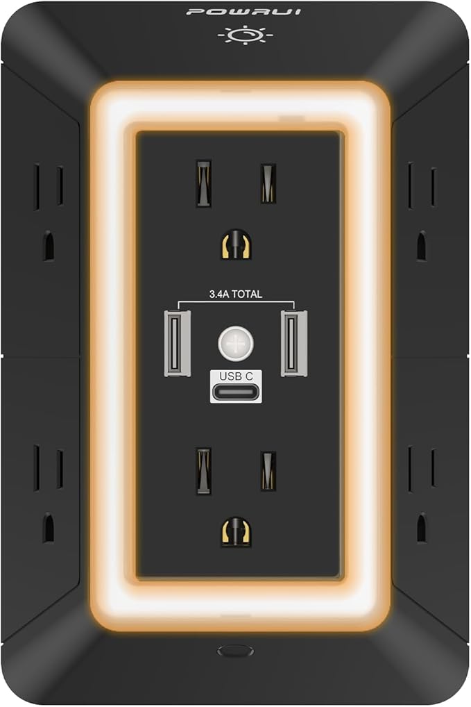 Outlet Extender Power Strip, POWRUI 6 AC Surge Protector Outlets with 3 USB Ports (1 USB C) and Night Light, 3-Sided Multi Plug Wall Outlet with Spaced Outlets - Black, ETL Listed