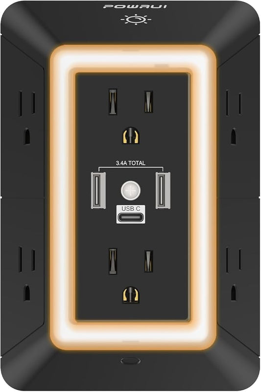 Outlet Extender Power Strip, POWRUI 6 AC Surge Protector Outlets with 3 USB Ports (1 USB C) and Night Light, 3-Sided Multi Plug Wall Outlet with Spaced Outlets - Black, ETL Listed