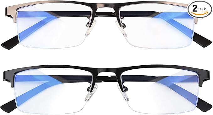 Blue Light Blocking Glasses, Lightweight Metal Half Frame Computer Reading/Gaming/TV/Phones Glasses,Filter UV Ray/Computer Glare with Spring Hinge Eyeglasses(Black+Gray)