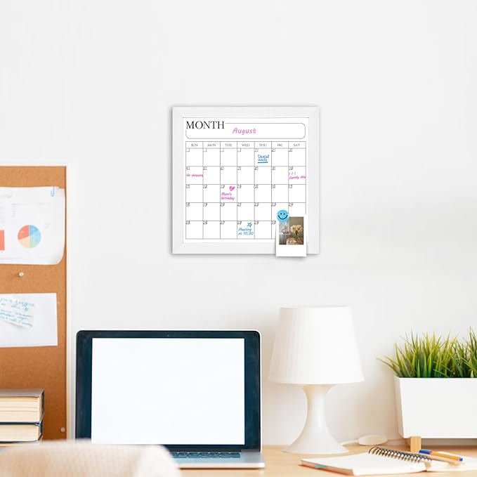 Monthly Calendar Dry Erase Board for Wall, 11.8" x 11.8" Magnetic Surface Whiteboard with White Wooden Frame, Hanging White Board Calendar for Decor/Memo(YL-WH,3030)