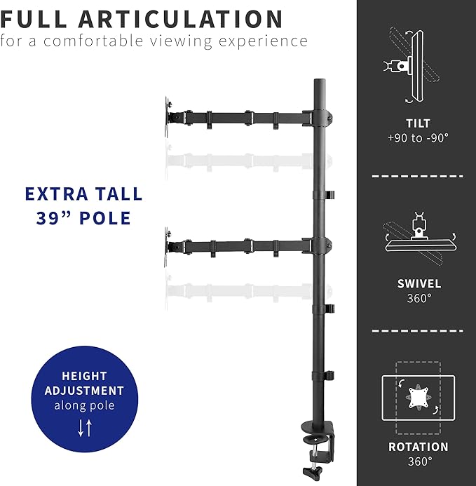 VIVO Extra Tall Vertically Stacked Dual Monitor Desk Mount Stand with 39 inch Stand-up Pole, Fully Adjustable Extended Arms, Fits 2 Screens up to 27 inches, STAND-V012T