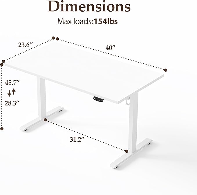 Klicelor 40 Inch Electric Standing Desk, Height Adjustable Office Desk, Sit Stand Up Computer Desk with Memory Preset, Two-Piece Desktop, White