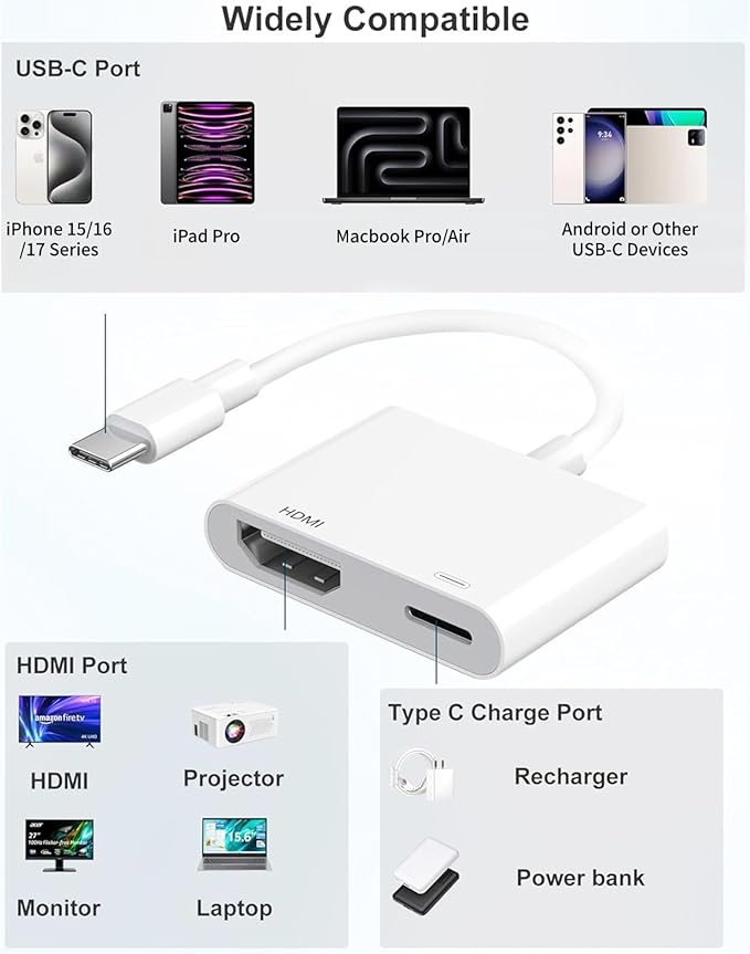 USB C to HDMI Adapter for iPhone 17/16/15 to TV, 4K@60Hz Type C Digital AV Adapter Sync Screen Connector Cable with 100W Fast Charging Port for iPhone 15/16/17 /iPad/MacBook to HDTV Projector Monitor