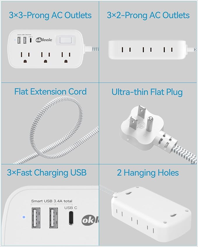 Short Extension Cord 3 Ft - okleeic Small Power Strip Flat Plug Surge Protetor with 6 Outlets & 3 USB (1 USB C) Charging Ports, Multi Plug Wall Outlet Extender for Travel Dorm Room Essentials