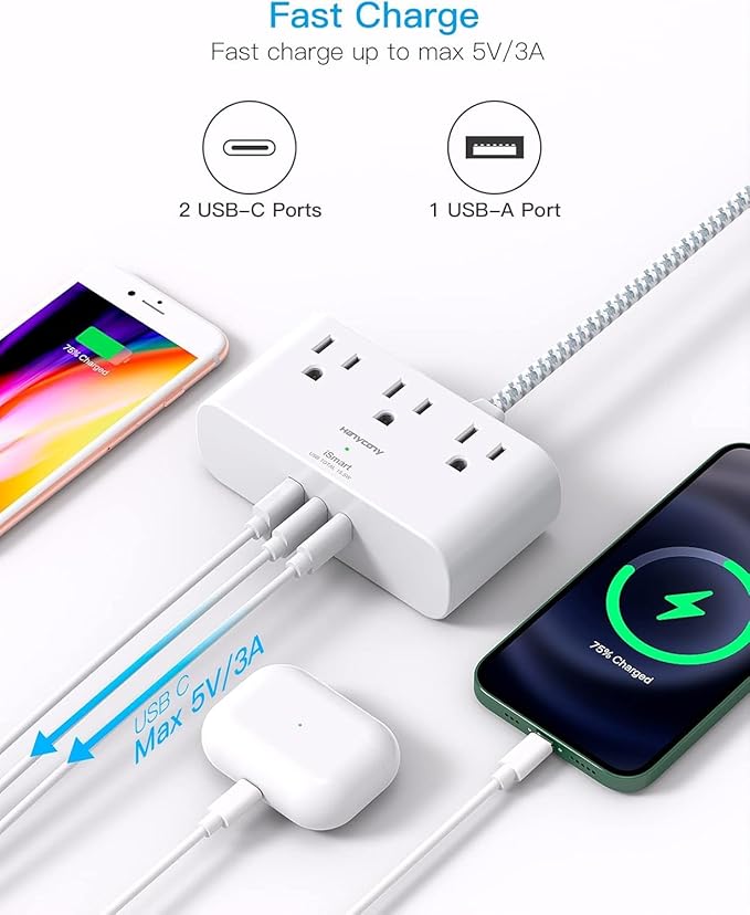 Extension Cord 15 Ft, HANYCONY Ultra Thin Flat Plug Power Strip with 3 Outlets 3 USB Ports (2 USB C), Wall Mount, Multi Plug Outlet Extender Desk Charging Station for Travel Dorm Room Essentials