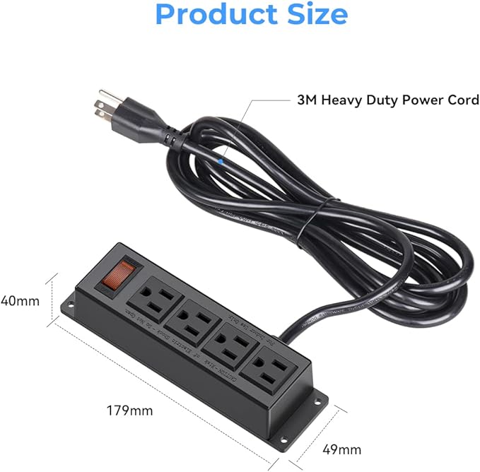 2 Packs Mountable Power Strip with 4 Outlet, Wall Mount Under Desk Power Strip with 10ft Cord, Flat Plug Power Socket for Home, Office, Industrial, Black 2PCS Power Strips