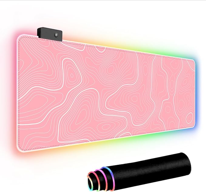 Pink RGB Mouse Pad LED Desk Mat Large Gaming Mousepad Pink and White Line Design, Keyboard Pad XL Mouse Mat for Home and Office