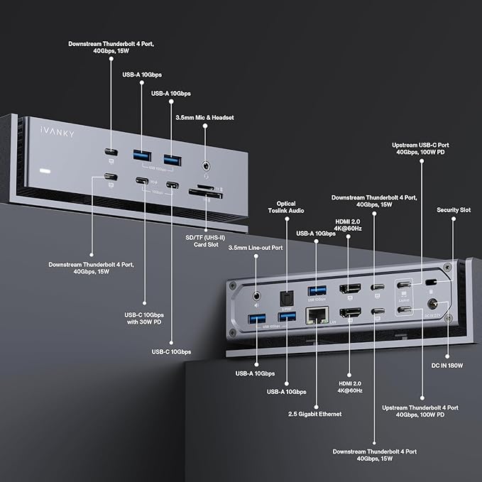 iVANKY FusionDock Max 1 Dual Thunderbolt 4 Chips, 20-in-1 Quad 6K@60Hz Monitor MacBook Docking Station, 40Gbps Dock for Mac M1/M2/M3 Pro/Max, 2HDMI 2.0, 96W PD, 10Gbps USB, 2.5 GbE