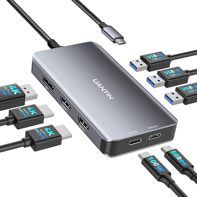 USB C Docking Station Dual Monitor Adapter for Laptop, 8-in-1 Docking Station for 3 Monitors, 4K@60Hz USB C Dock Dongle with 2 HDMI+DP, 5Gbps USB A & C, 100W PD, for MacBook, Dell, HP, Surface