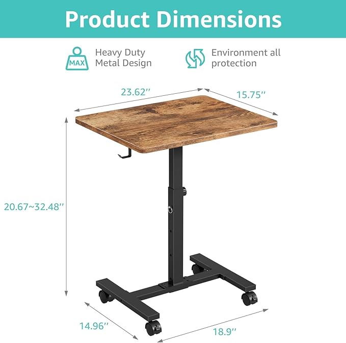 Small Portable Standing Rolling Desk - 24 Inch Mobile Stand Up Desk Adjustable Height on Wheels for Small Spaces, Couch Kids Laptop Desks End Side Table, Teacher Podium for Classroom, Rustic Brown