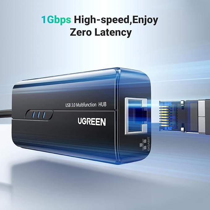 UGREEN USB 3.0 Hub Ethernet Adapter 10 100 1000 Gigabit Network Converter with 3 USB 3.0 Ports Hub Compatible with Laptop PC MacBook Mac mini Surface XPS Windows Linux macOS, and More