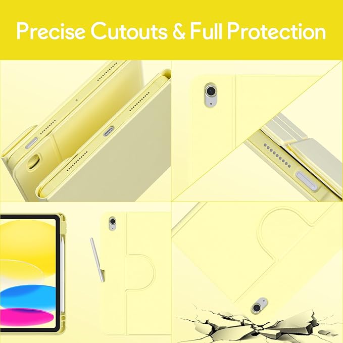 YBING for iPad A16 Case with Keyboard & iPad 10th Generation 10.9" 2022, 360 Rotation Magnetic Cover with 7-Color Backlit Wireless Detachable Keypad with Pencil Holder (Yellow)