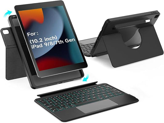 Rotatable Detachable Magnetic Keyboard Case for 10.2-inch iPad 9/8/7 th Gen,with Large Touch Trackpad,7 Backlits,Portrait & Landscape, Full Protect,Black