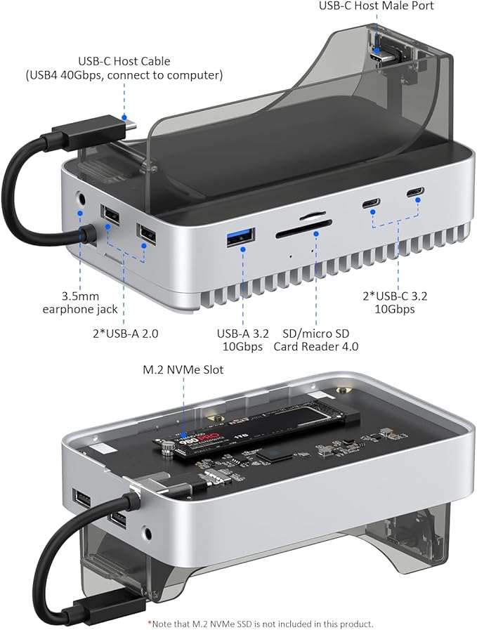 Qwiizlab 40Gbps Mac mini M4/M4 Pro Stand Hub with NVMe SSD Enclosure, Docking Station with USB-C 10Gbps, USB-A 10Gbps, TF/SD 4.0 Card Readers 312MB/s, USB-A 2.0, Fits M.2 PCIe up to 8TB
