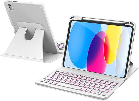 for iPad 11th(A16, 2025)/10th Generation Case with Keyboard, 360° Rotatable Case & Detachable Backlit Keyboard, Precision Cutouts and Pen Holder for iPad A16 11''/10th 10.9'', White