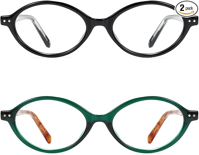 Slocyclub 2pack Oval Blue Light Blocking Glasses for Women Men, Small 90s Retro Oval Frame Bluelight Glasses for Gaming/Computer/Screen(Black and Green Tortoise)