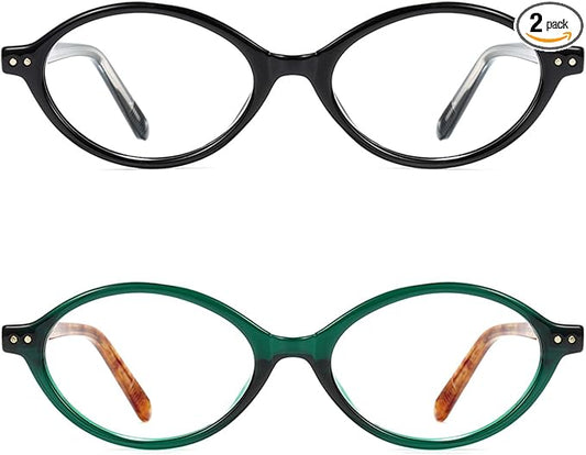 Slocyclub 2pack Oval Blue Light Blocking Glasses for Women Men, Small 90s Retro Oval Frame Bluelight Glasses for Gaming/Computer/Screen(Black and Green Tortoise)
