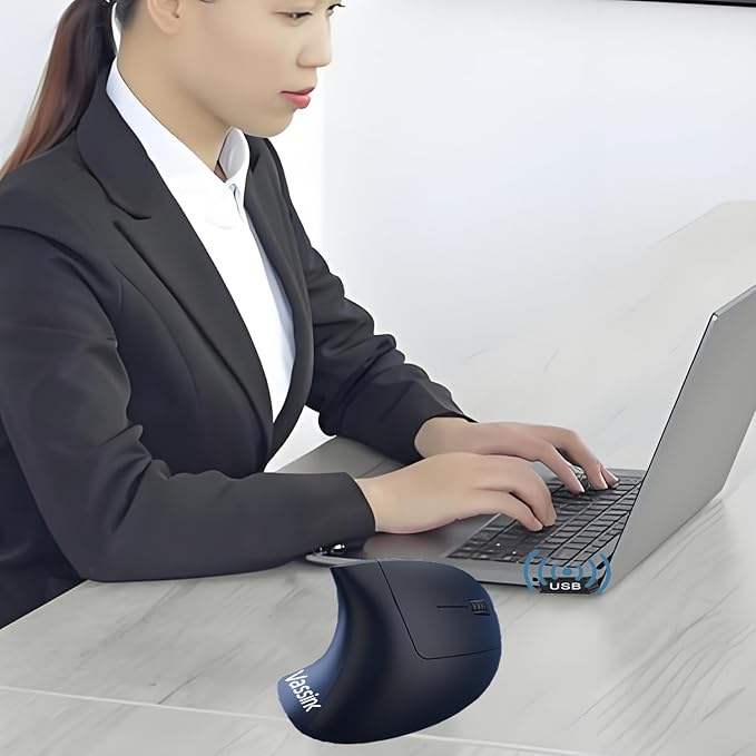 Vassink Ergonomic WirelessMouse, USB A+Type C(2 in 1) Connection, 800/1200/1600 DPI, 6 Silent Buttons, 2.4GHz Carpal Tunnel Rechargeable Vertical Mice, for Laptop, Desktop,MacBook-Black