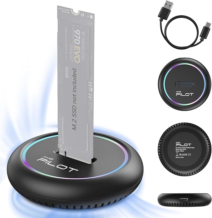 M.2 NVMe & SATA to USB C Docking Station, M.2 SSD to USB A C Reader Adapter for Both M Key & B+M Key NVMe PCIE and SATA NGFF SSD Dock, Size for 22110 2280 2260 2242 2230 RGB Light Enclosure