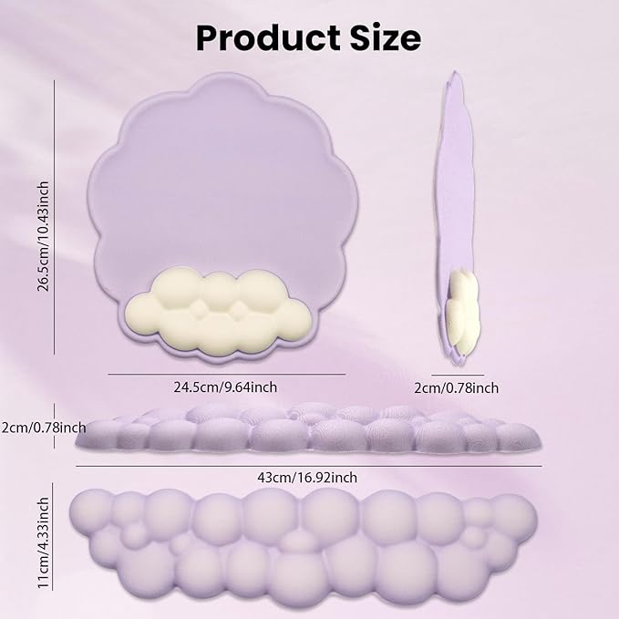 Memory Foam Keyboard Wrist Rest & Mouse Pad Set - Ergonomic Support for Laptop, Mac & PC, Cute Purple Cloud Design, Non-Slip Base for Typing, Gaming, Pain Relief, Comfortable Office Desk Must-Haves