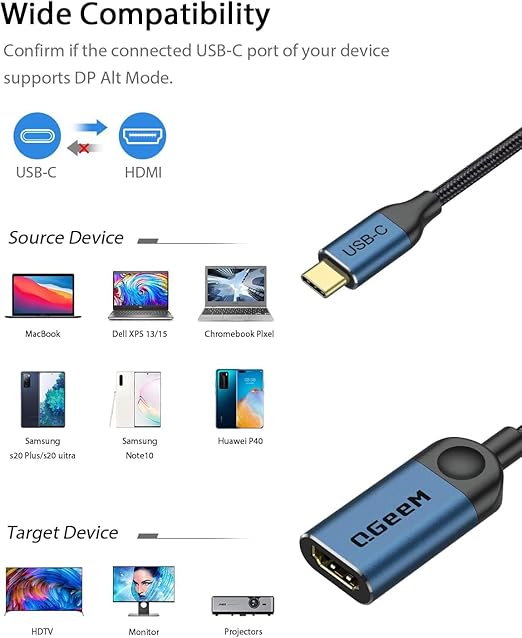 QGeeM USB C to HDMI Adapter 4K Cable, USB Type-C to HDMI Adapter [Thunderbolt 3/4 Compatible] for Laptop MacBook Pro/Air, iPhone15 16 Pro/max,GalaxyS8-S23,XPS,Pixelbook,Surface,Ipad Pro etc.-Blue