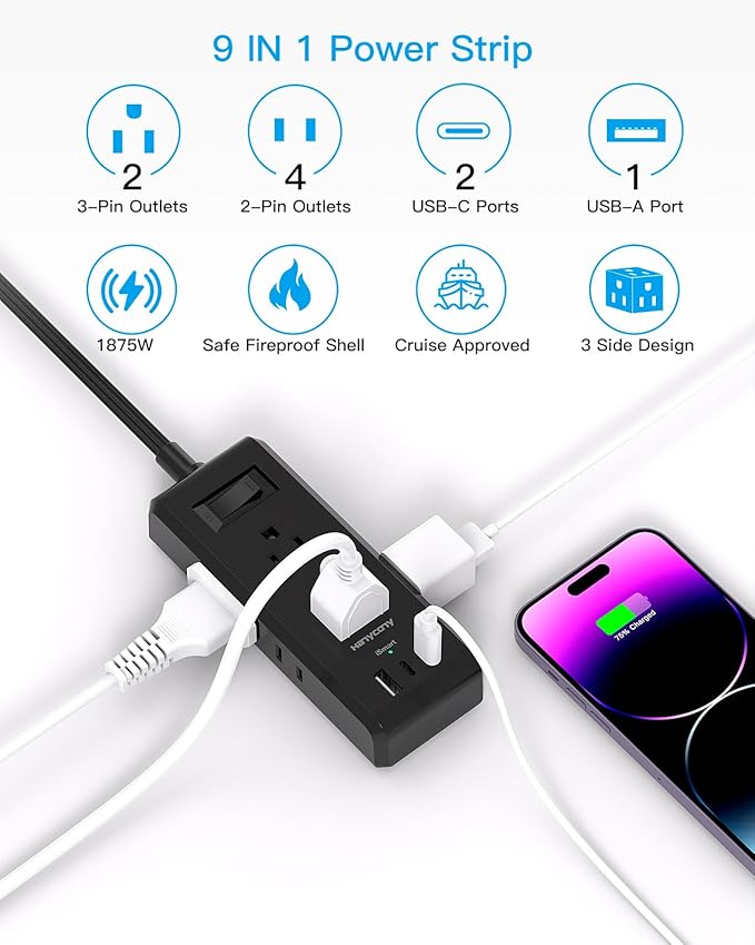 Black Extension Cord 10 Ft, HANYCONY Ultra-Thin Flat Plug Power Strip with 6 Outlets and 3 USB Ports (2 USB C), Long Extension Cord with Multiple Outlets for College Dorm Room Office Desk Essentials