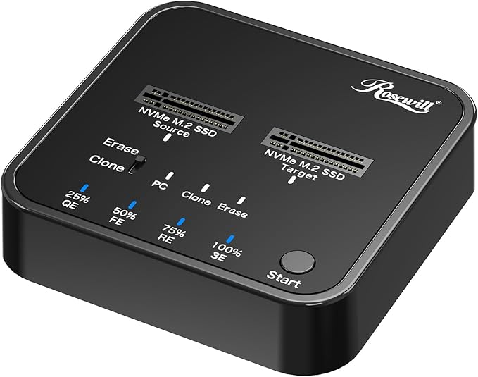 Rosewill M.2 NVMe Cloner + Eraser, M.2 Duplicator Dual Bay NVMe Enclosure, Tool-Free 20Gbps USB3.2 Gen 2X2 SSD to USB Adapter M.2 Docking Station for M Key PCIE NVMe SSD Reader, Offline Clone & Erase