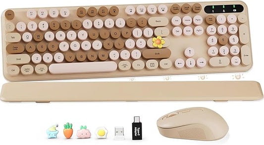 Wireless Keyboard and Mouse Combo, Round Keycaps, Full-Size Retro Typewriter Keyboard with Detachable Wrist Rest, Sleep Mode & Tilt Legs, 2.4GHz Cordless Connection for Mac/Windows/PC (Latte-Colorful)