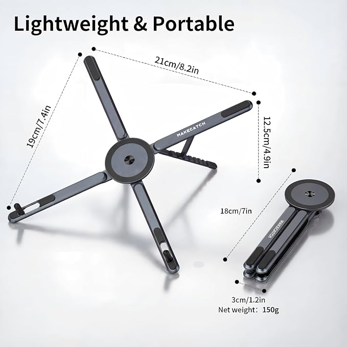 Adjustable Laptop Stand for Desk with Magnetic Phone Holder, MagSafe Compatible Portable Foldable Computer Riser for MacBook, iPhone, iPad, Tablet - Perfect for Office, Home, Traveling