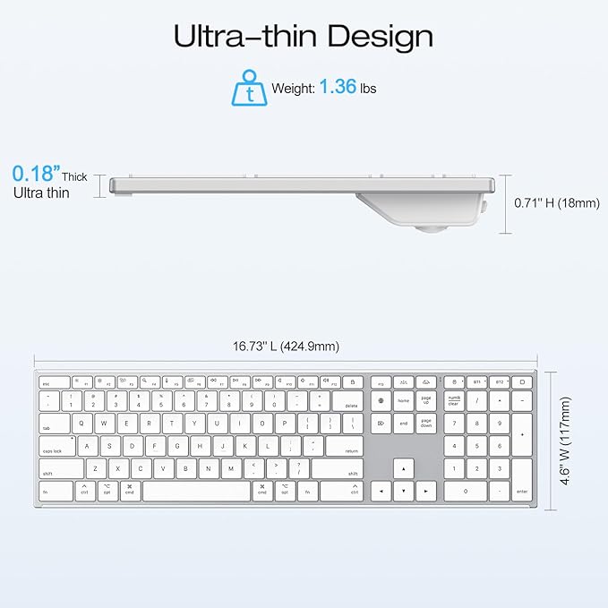 OMOTON Wireless Keyboard for Mac with Forged Metal Frame - 2.4G & Dual Bluetooth (BT1/BT2), Type-C/USB A Receiver, Ultra-Thin, Backlit, Full Size Keyboard for Mac/MacBook/iMac, White