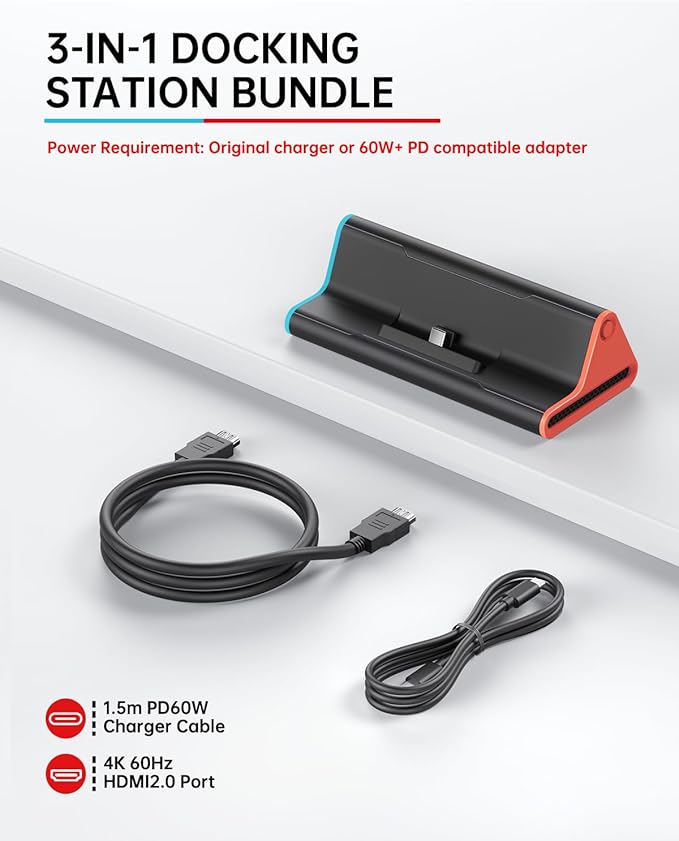 Switch 2 Dock with HDMI & 60W Charging Cable, 4K Portable Docking Station for Nintendo Switch2 Game Console, Travel Stand Base Connector Accessories Set (TV Adapter, 3 USB Ports, PD Power Input)