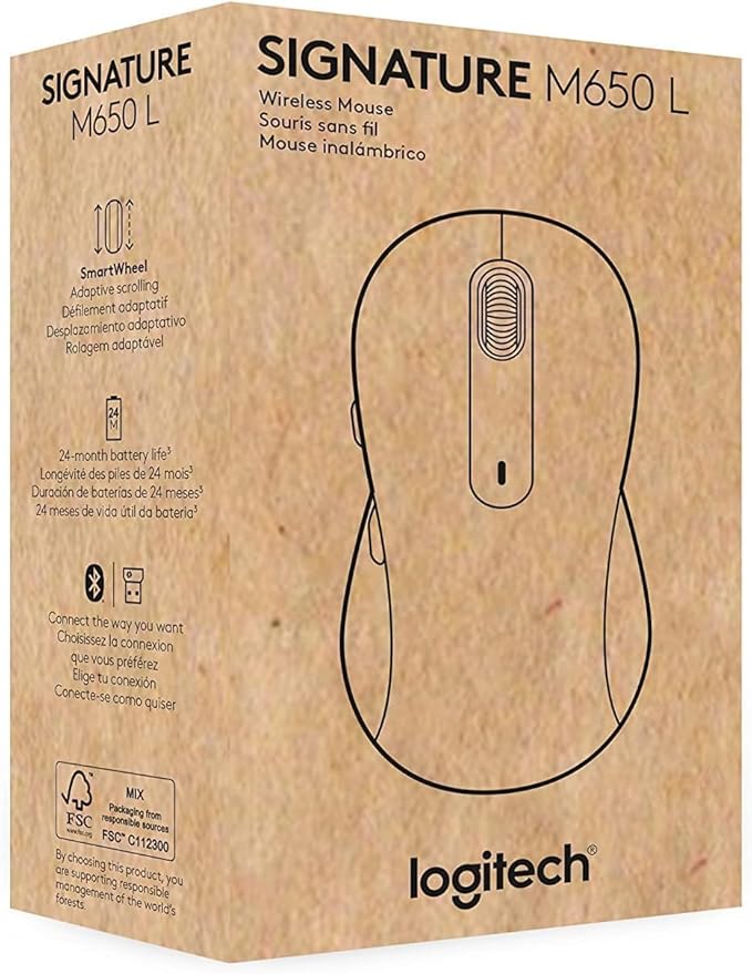 Logitech Signature M650 L Full Size Wireless Mouse - for Large Sized Hands, 2-Year Battery, Silent Clicks, Customizable Side Buttons, Bluetooth, for PC/Mac/Multi-Device/Chromebook - Black